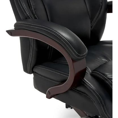Executive office chair ergonomic with memory foam cushions, solid wood armrests and base, waterfall bridging, Bon, black