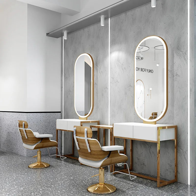 High quality barbershop furniture three seater salon mirror table gold oval barber station with led