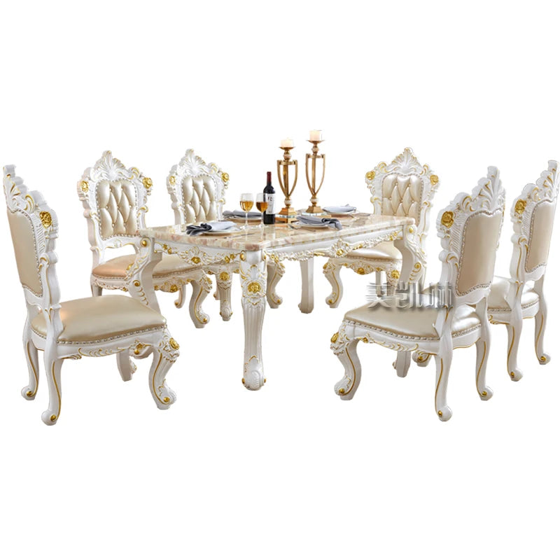 European-style White Gold-painted Solid Wood  Pink Dragon Jade Marble Long Leather Dining Chair  Diningroom Furniture