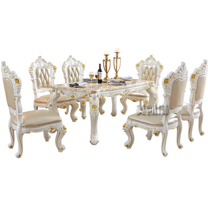 European-style White Gold-painted Solid Wood  Pink Dragon Jade Marble Long Leather Dining Chair  Diningroom Furniture