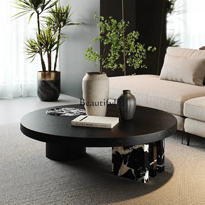 Italian black round coffee table modern simple light luxury marble rock slab coffee table