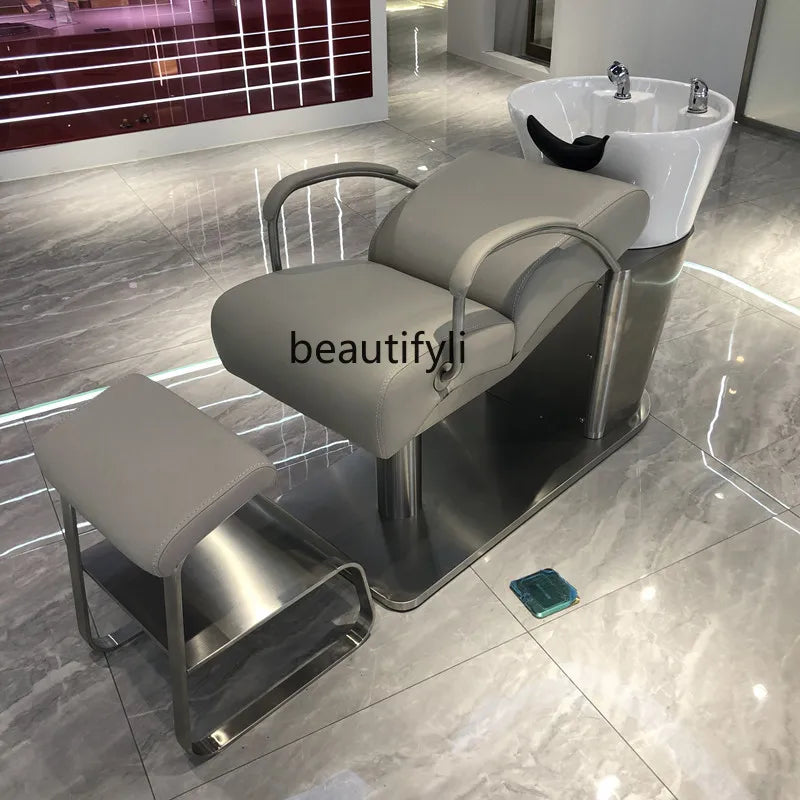 Hair Salon Lying Half Shampoo Flushing Bed for Hair Salon Barber Shop Stainless Steel Ceramic Basin