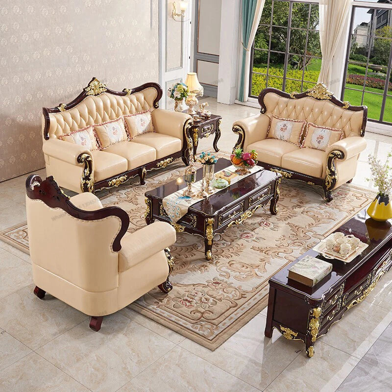 European Genuine Leather Sofa 123 Combo – Solid Wood Carved Living Room Set for Villa Suite