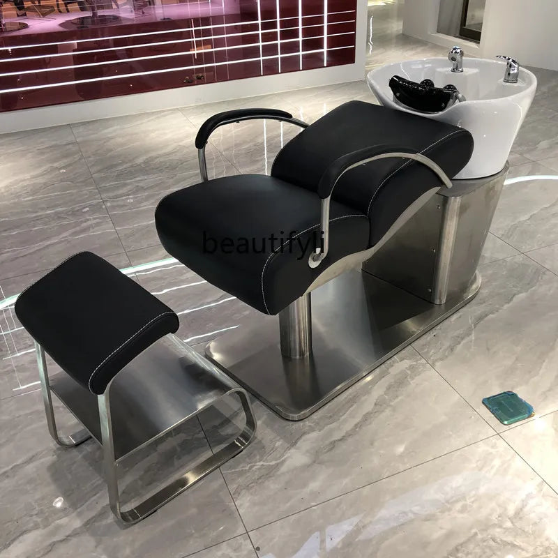 Hair Salon Lying Half Shampoo Flushing Bed for Hair Salon Barber Shop Stainless Steel Ceramic Basin