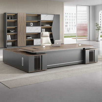 European L-Shaped Office Desk with Drawers and Shelf