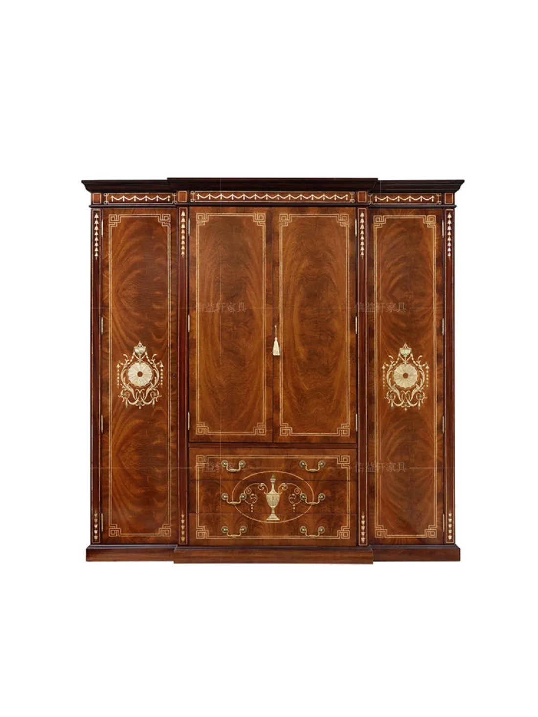British Solid Wood Wardrobe – European Luxury 4-Door Storage Cabinet, New Classical Shell Furniture.