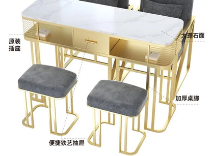 New high-end manicure table and chair set, glass marble table top, single, double and triple manicure table,
