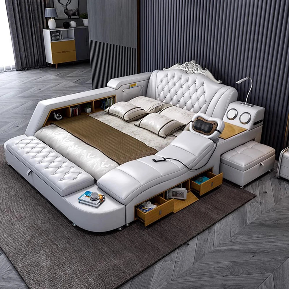 Tech Smart Multifunctional Bed with Genuine Leather, Massage, USB, Bluetooth Speaker, and Tatami for Safety.