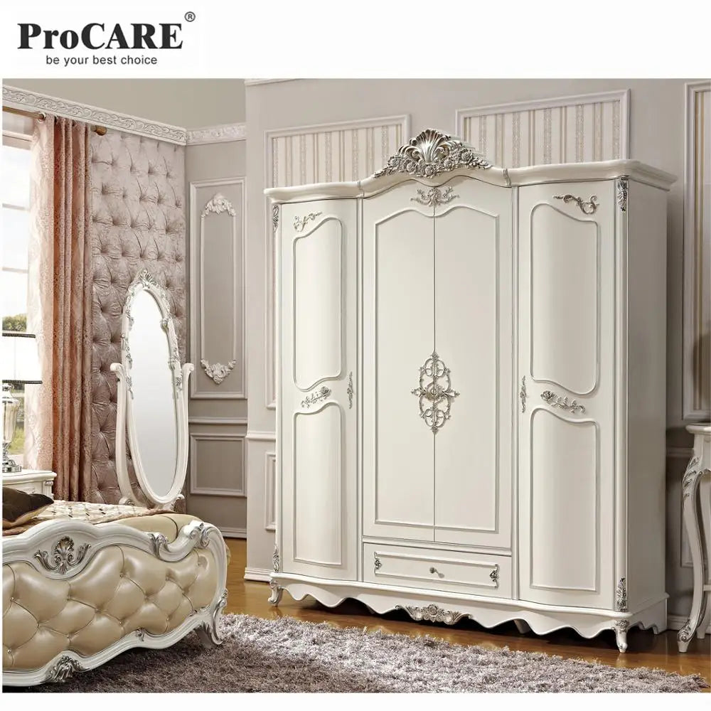 Wood Vintage Armoire – White, Solid, 4-Door Bedroom Furniture Set