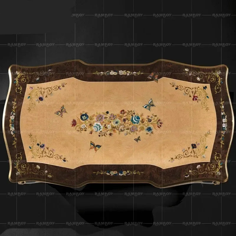 Custom French solid wood desk with butterfly shell inlays, perfect for writing or computer use