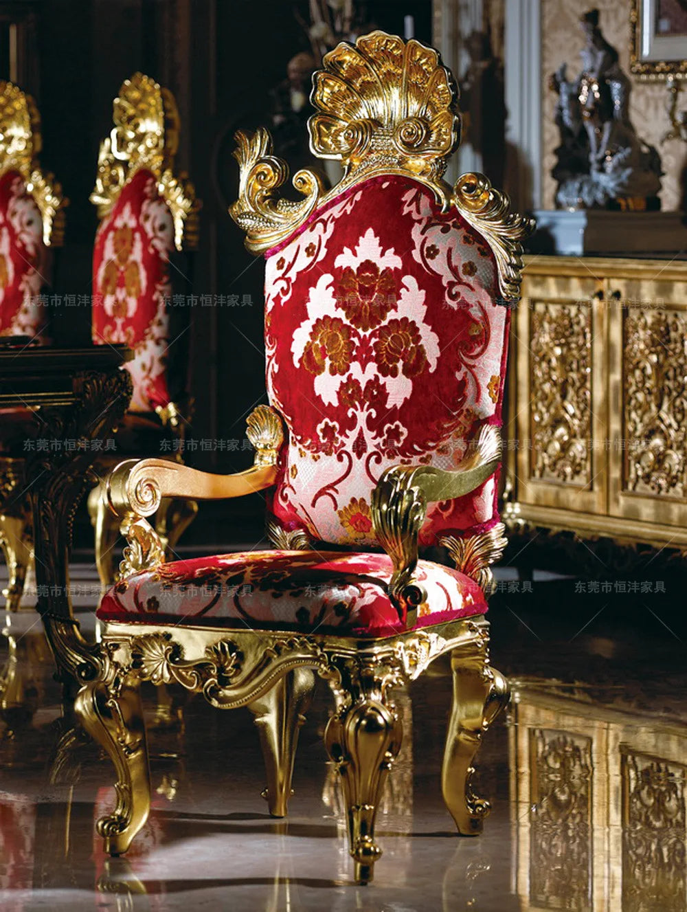 French solid wood carved table European-style villa palace restaurant luxury gold foil table cloth dining chair combination furn