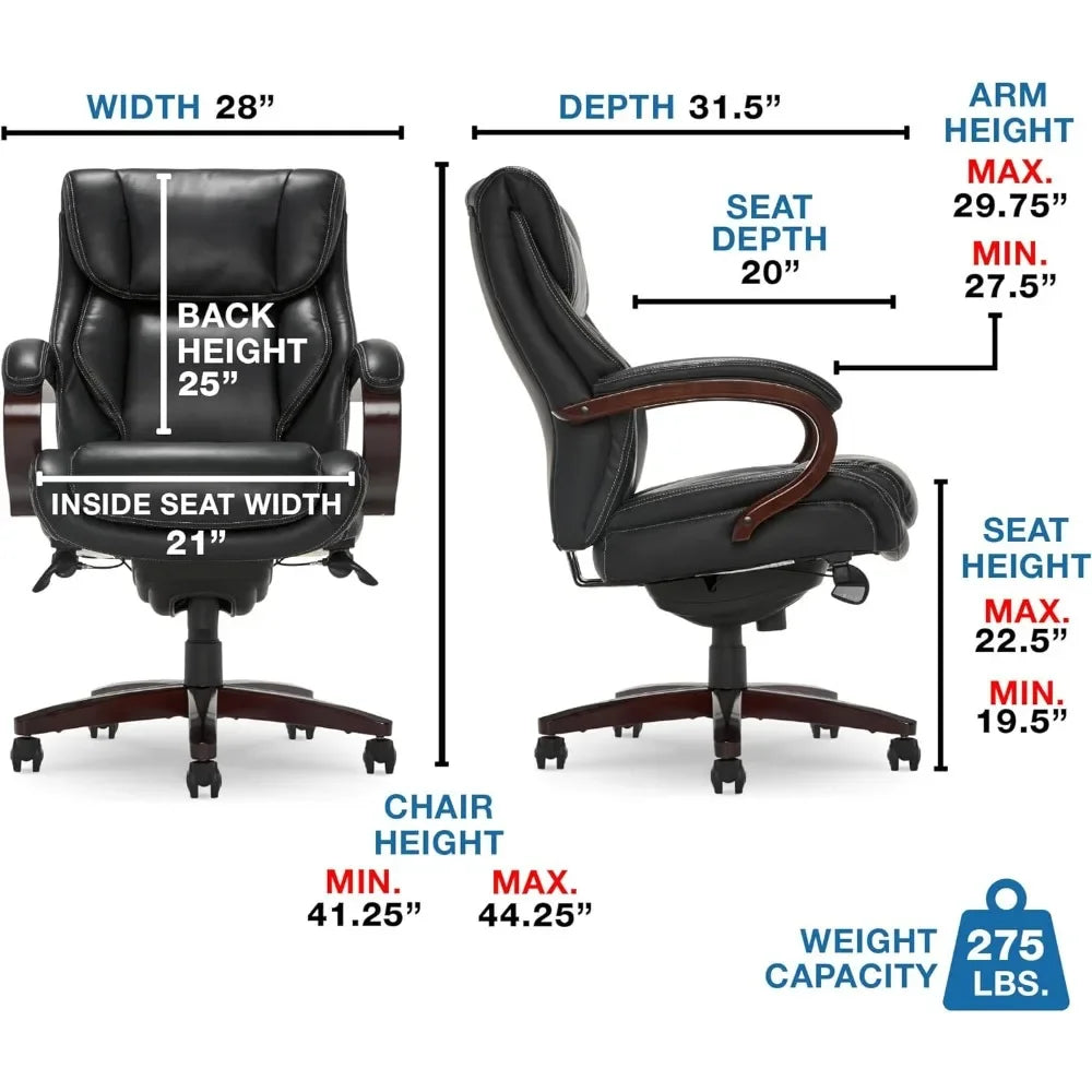 Executive office chair ergonomic with memory foam cushions, solid wood armrests and base, waterfall bridging, Bon, black