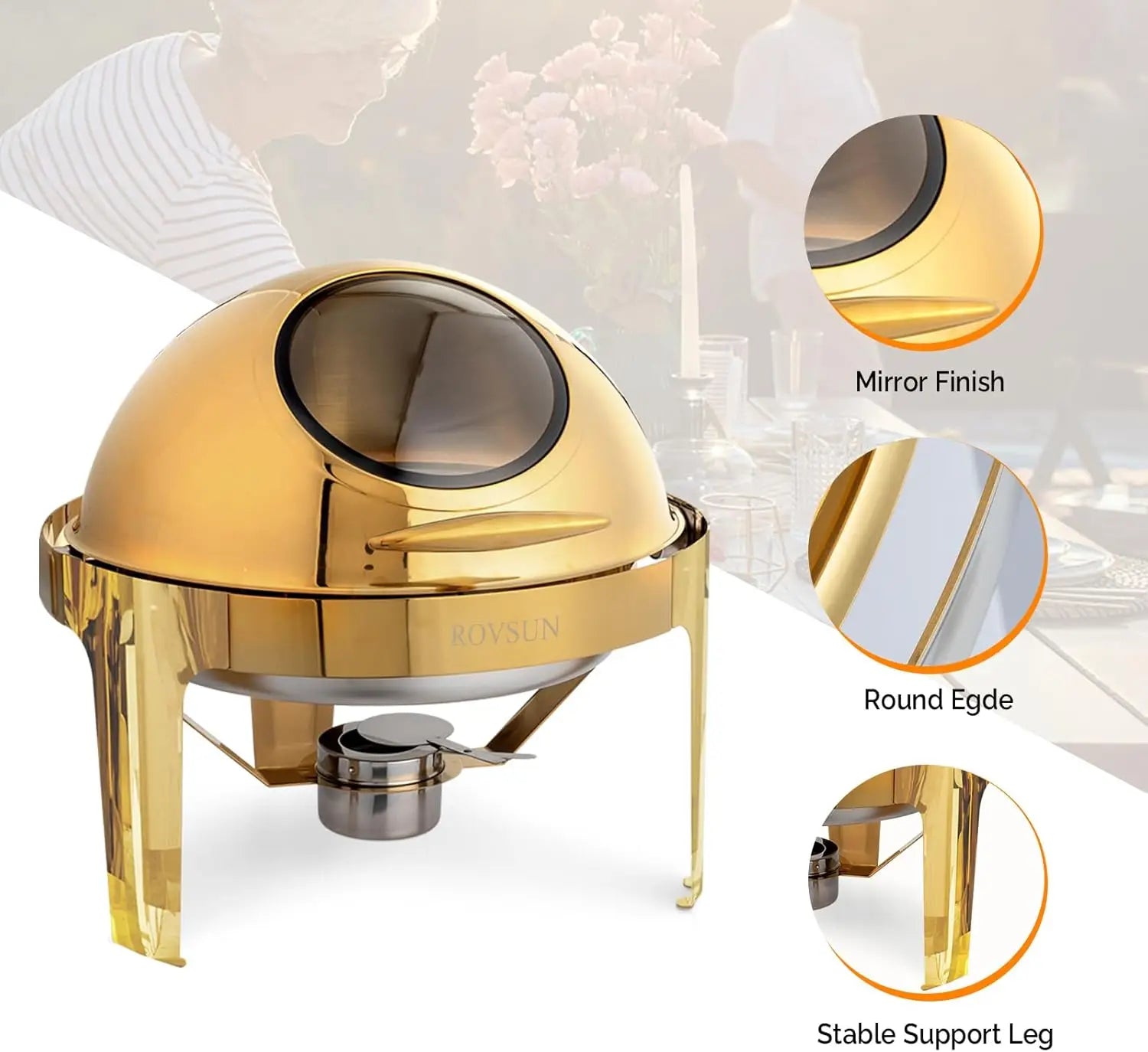 ROVSUN 6 QT 3 Pack Round Chafing Dish Buffet Set, Roll Top NSF Stainless Steel Buffet Warmer Chafers and Buffet Warmers Sets