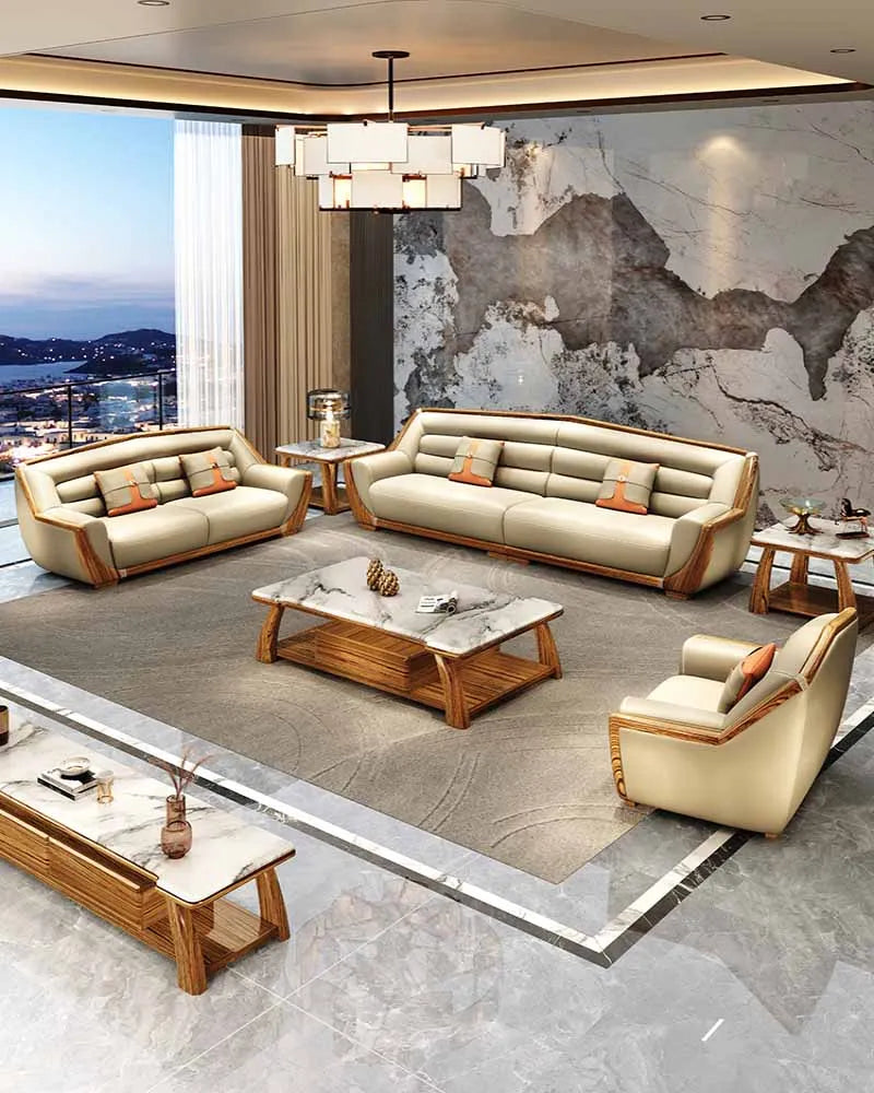 New Chinese style genuine leather art sofa, solid wood, modern and simple high-end living room, large unit villa 124 combination