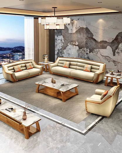 New Chinese style genuine leather art sofa, solid wood, modern and simple high-end living room, large unit villa 124 combination