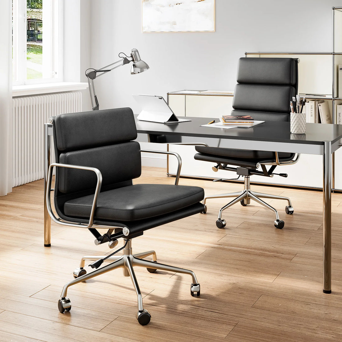 High Back Soft Pad Office Chair Genuine Leather Executive Desk with Lumbar Support Ergonomic Computer Chair with Aluminum Arms
