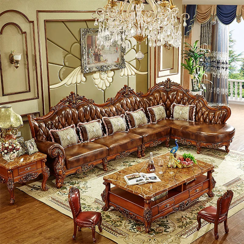 European-style corner sofa made from first-layer leather and American cowhide. Luxurious design with solid wood carvings, perfect for villa living rooms.