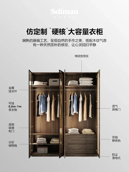 Solid Wood Household Light Luxury Bedroom Simple Modern Glass Door Combination Wardrobe