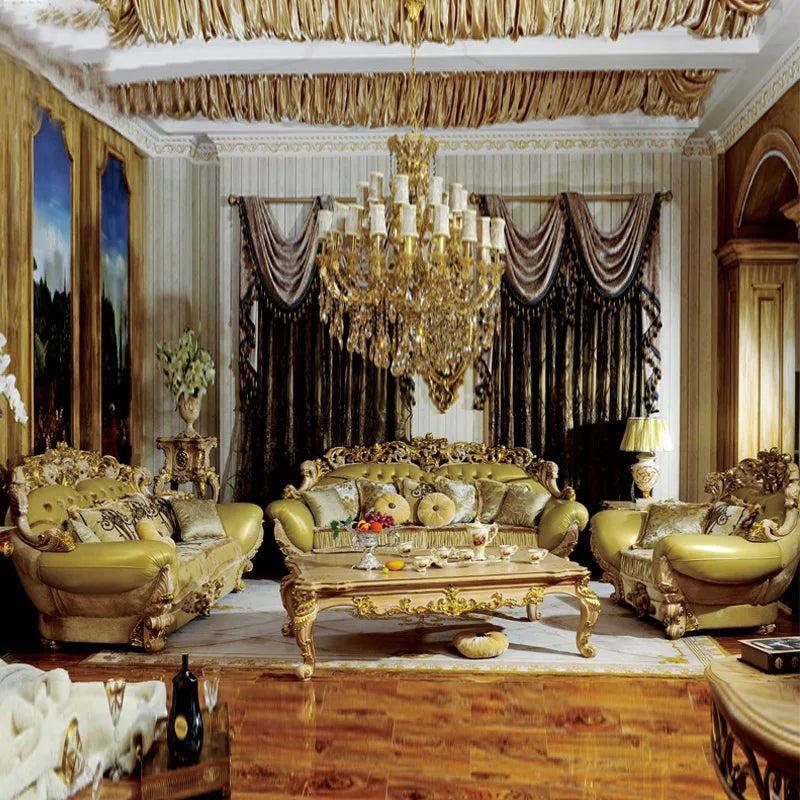 European Solid Wood Luxury Fabric Sofa: French Carved Palace Style, Customizable 123 Combination for Living Rooms.