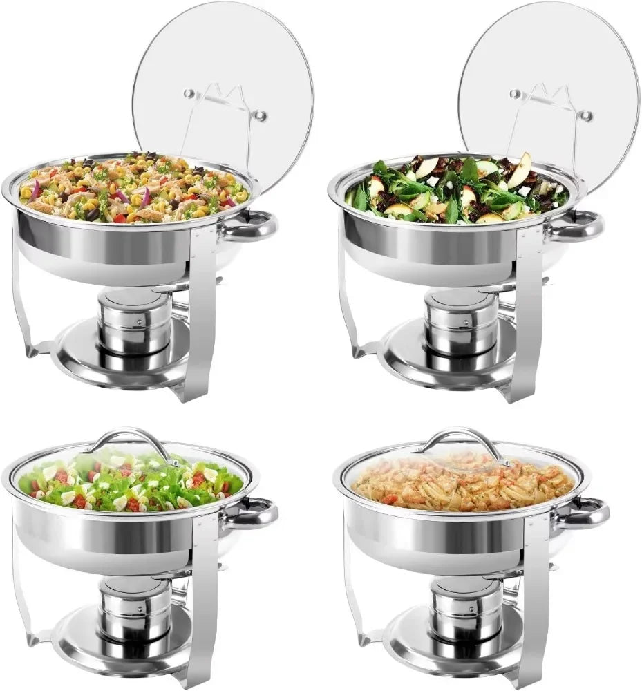 4-Pack 3QT Round Stainless Steel Chafing Dish Set – Glass Lid, Holder, Food Warmer for Buffets & Parties