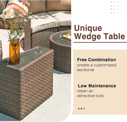 Outdoor Sectional Set 11-Piece Half Moon Patio Furniture Brown Wicker Sofa Beige Cushions with 4 Side Table and 4 Pillows