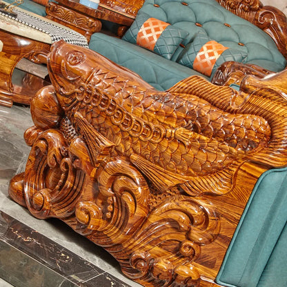 Style Genuine Cattlehide Leather Surface All Solid Wood Carved Villa Large and Small Apartment Type Living Room Set Furniture