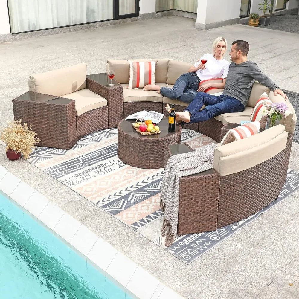 Outdoor Sectional Set 11-Piece Half Moon Patio Furniture Brown Wicker Sofa Beige Cushions with 4 Side Table and 4 Pillows