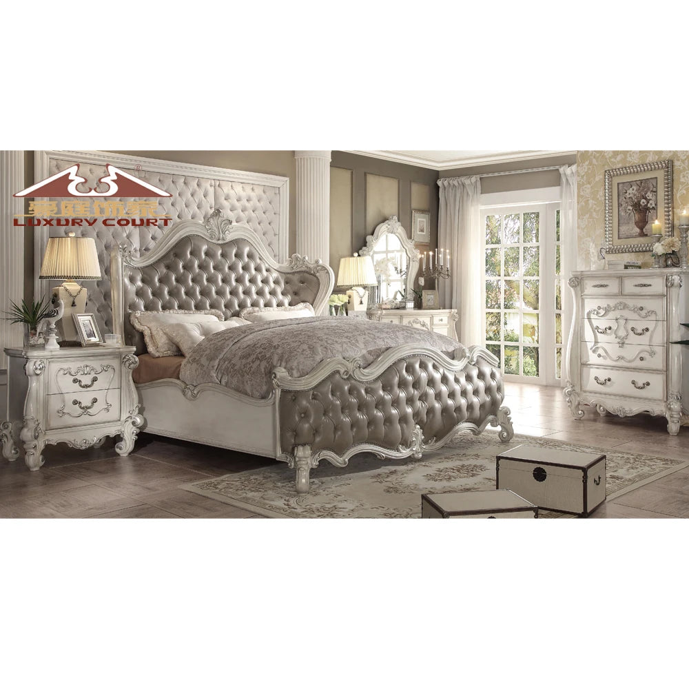 Royal Style Wooden Kind Size Bed With Stool Bedroom Furniture Set