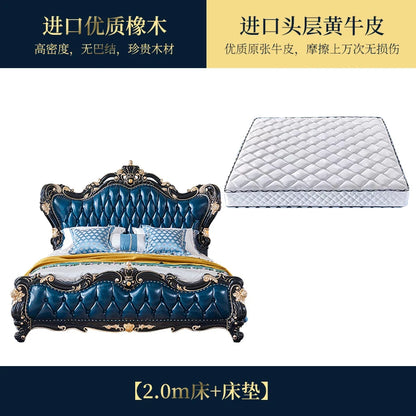 Genuine leather double bed villa luxury French style top layer cowhide wedding bed master bedroom