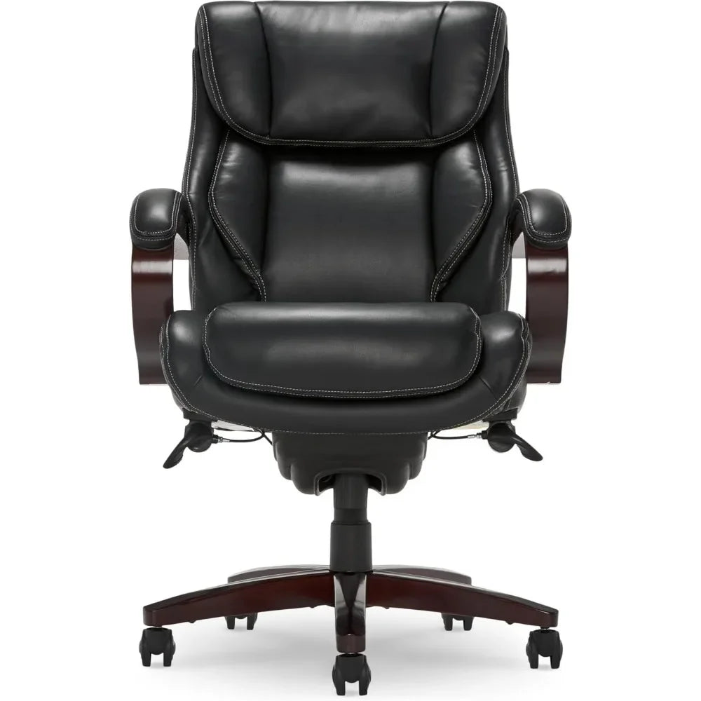 Executive office chair ergonomic with memory foam cushions, solid wood armrests and base, waterfall bridging, Bon, black