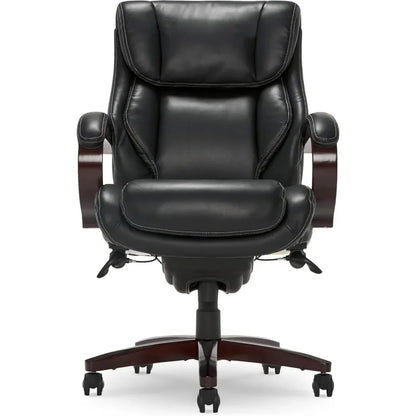 Executive office chair ergonomic with memory foam cushions, solid wood armrests and base, waterfall bridging, Bon, black