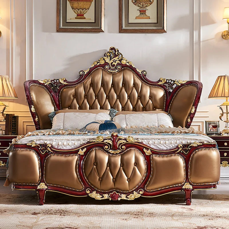 European Double Bed – Solid Wood American Style, Luxurious Carved Leather