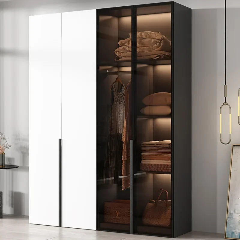 Bedroom Closet System – Sliding Door Wardrobe with Open Shelves, Hangers, and Cabinets