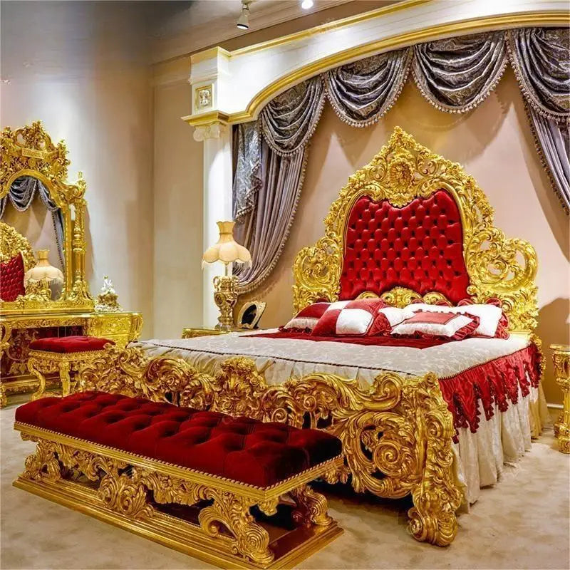 Luxury European style fabric bed Italian court French style gold foil solid wood double bed villa bedroom bedside table