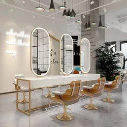 High quality barbershop furniture three seater salon mirror table gold oval barber station with led