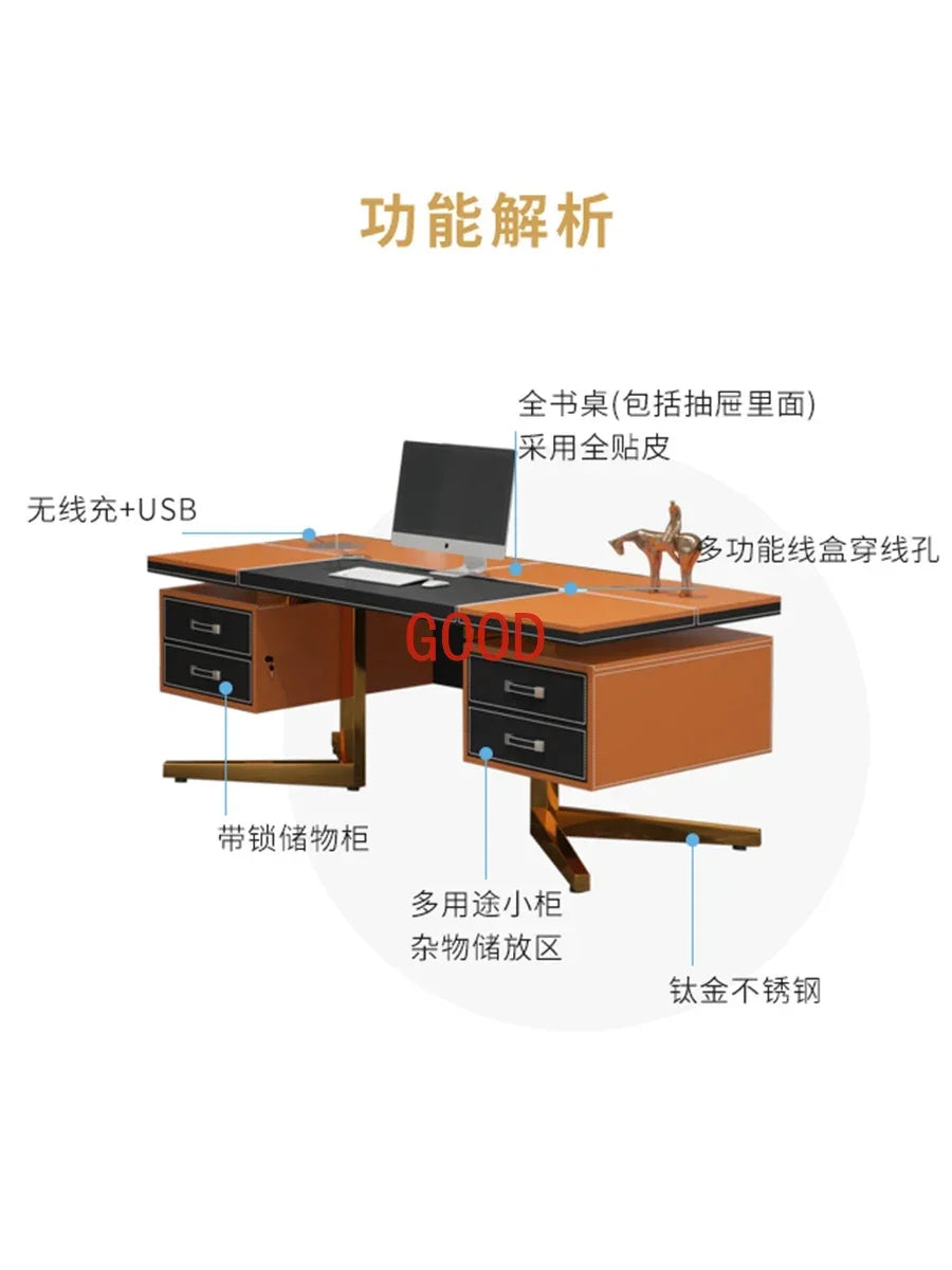 Luxury Modern Minimalist Desk Study Home Saddle Leather Designer Writing Desk Computer Mesa De Escritorio Office Furniture KMOD