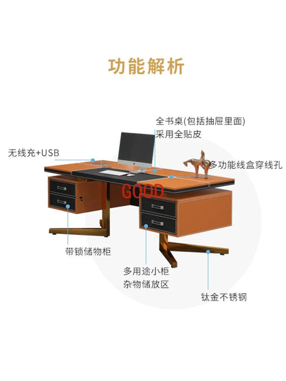 Luxury Modern Minimalist Desk Study Home Saddle Leather Designer Writing Desk Computer Mesa De Escritorio Office Furniture KMOD