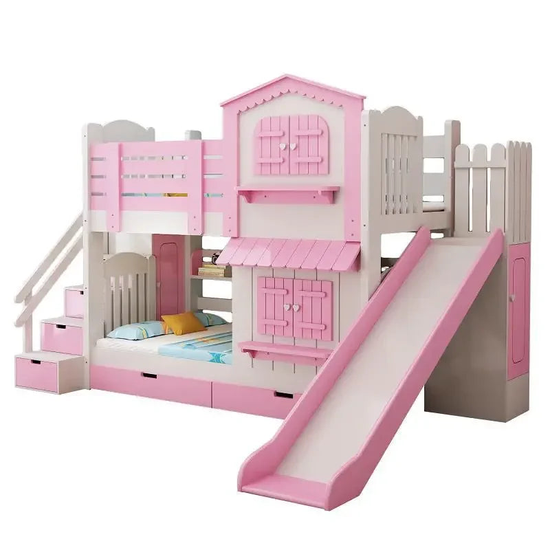 Solid wood mother bed, girl princess, pink two-story castle high and low bed, slide bunk