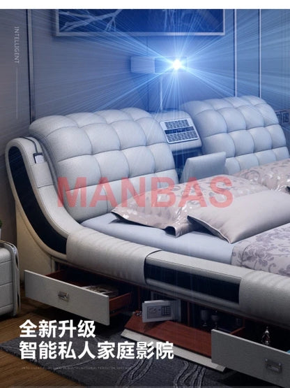 Multifunctional Bed Tech Smart Beds Ultimate Camas TATAMI Massage Lit Genuine Leather Bed with Audio,Projector, Air Purifier