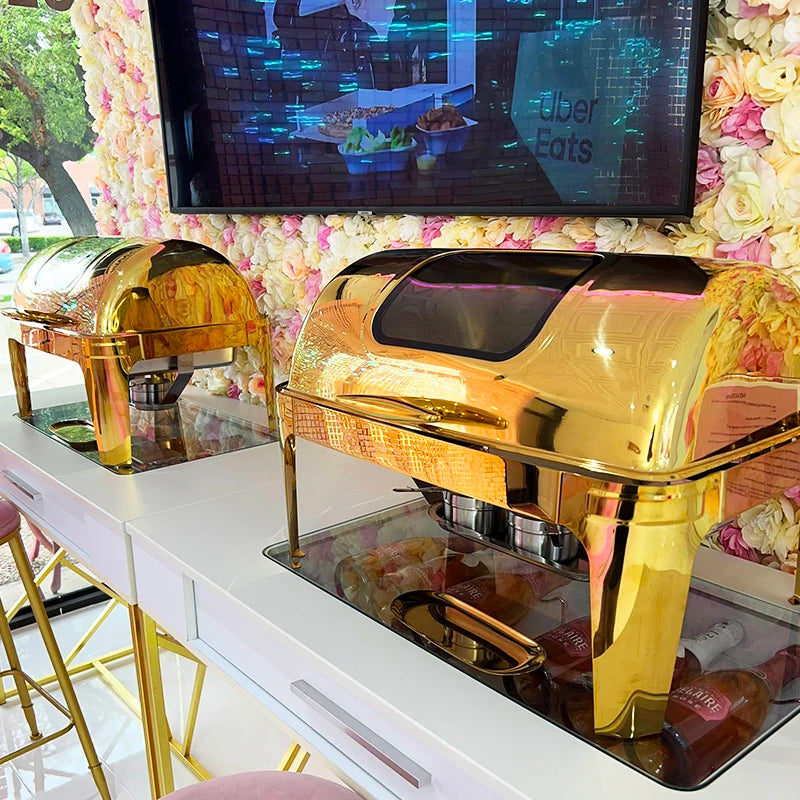 Luxury Restaurant Hotel Roll Top Chaffers Chafing Dish Stainless Steel Commercial Gold Heater Buffet Food Warmer Set