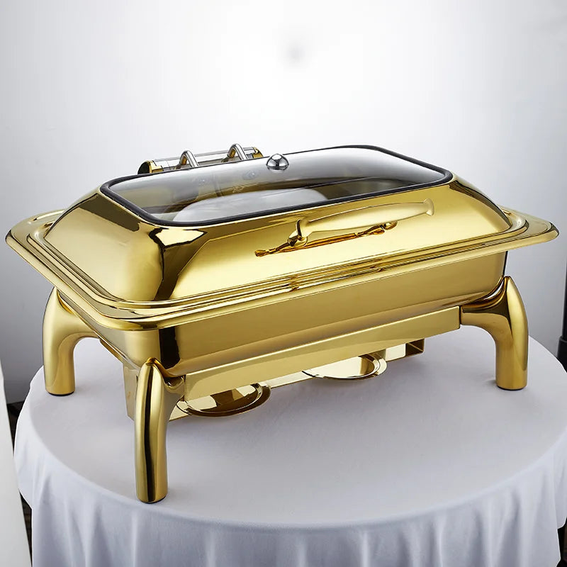 Luxury Food Warmer Stainless Steel Catering Roll Top chafing Dish Buffet Set Golden Glass  Chaffing Dishes For Restaurant