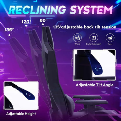 Gaming Chair with LED Lights, Ergonomic Computer Chair for Adults, Reclining Chair, with Adjustable Lumbar Support, Headrest
