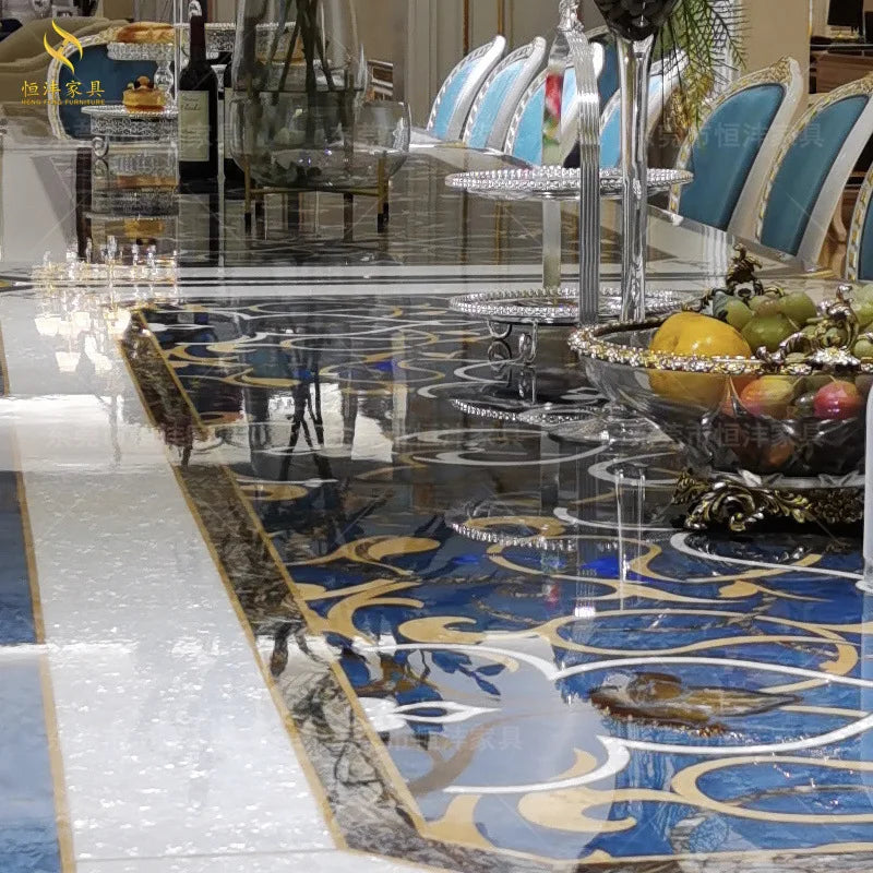 Italian shell-encrusted dining table and chair set French luxury solid wood gold and silver foil carved rectangular table