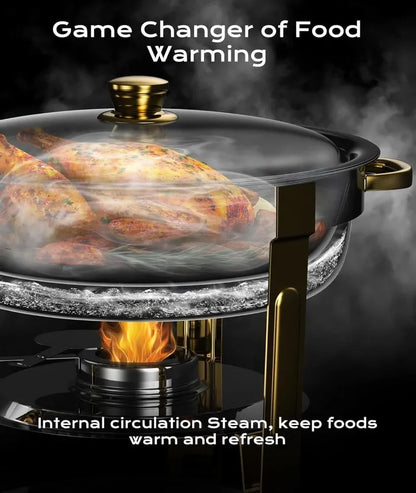 4-Pack 5QT Chafing Dishes for Buffet – Round Buffet Set in Elegant Gold and Silver, Easy Assembly.