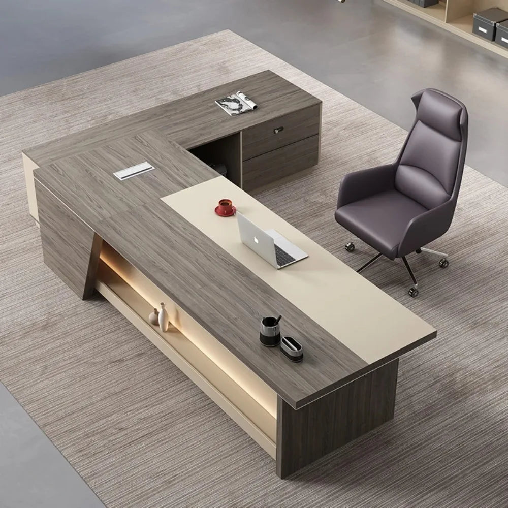 Wooden Office Desk Modern Computer Drawers Writing Storage Executive Console L Shaped Desktops Mesa De Escritorio Furniture