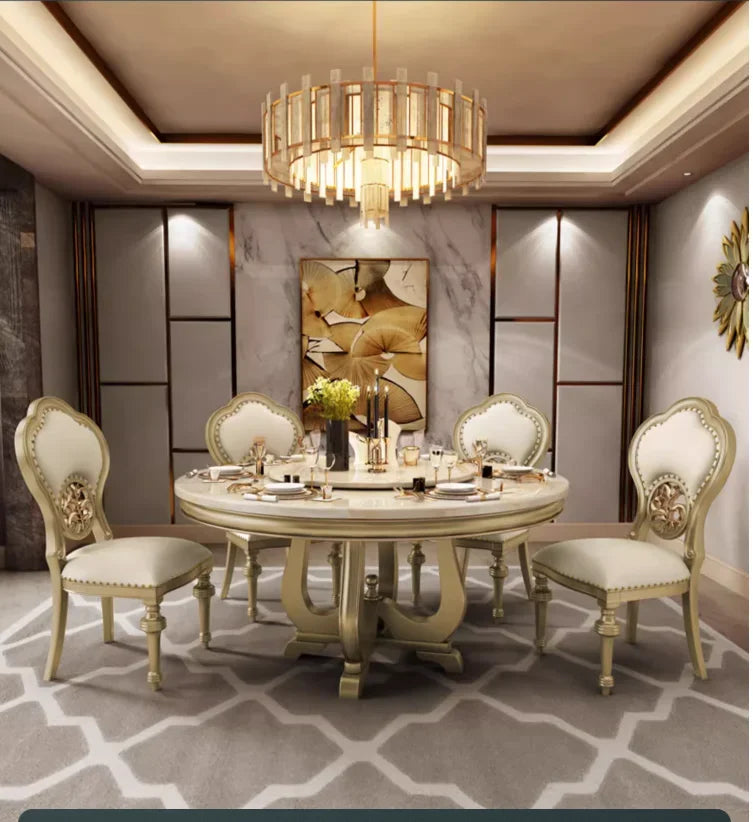 American Marble & Solid Wood Round Dining Table with Turntable – Light Luxury Dining Table & Chair Set