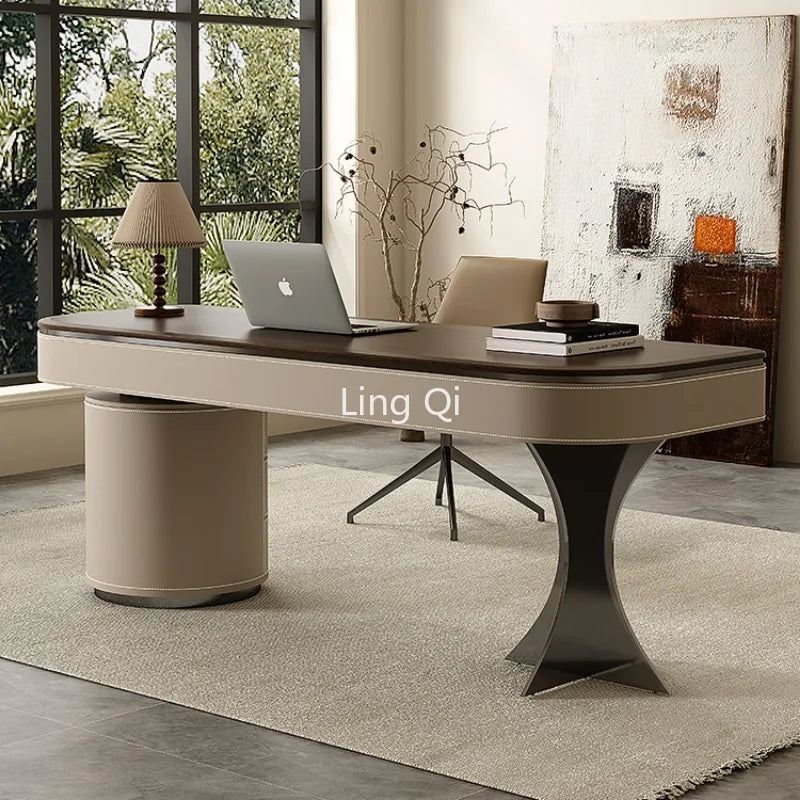 Study Designer Desk Minimalist Upscale Computer Walnut Veneer Saddle Skin Retro Home Corner Modern Writing Solid Wood Luxury Low
