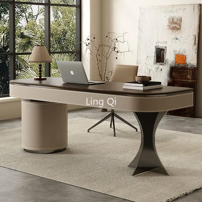 Study Designer Desk Minimalist Upscale Computer Walnut Veneer Saddle Skin Retro Home Corner Modern Writing Solid Wood Luxury Low