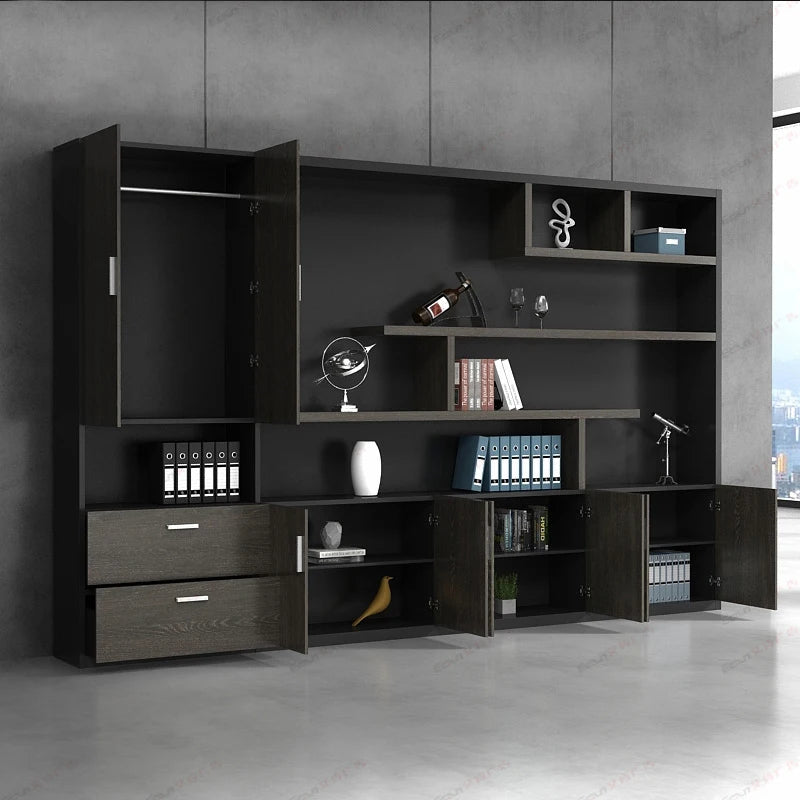 Wooden office furniture including a file cabinet, bookcase, and composite panel file cabinet, perfect for a boss&