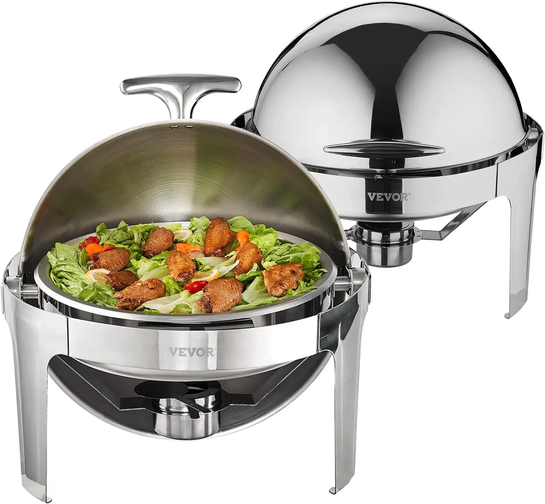 VEVOR Roll Top Chafing Dish Buffet Set, 6 Qt 2 Pack, Stainless Steel Chafer with 2 Full Size Pans, Round Catering Warmer Server